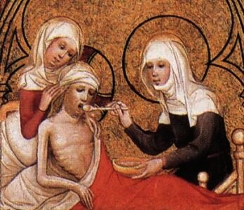 St Elizabeth Clothes the Poor and Tends the Sick, by Unknown, 1390s