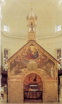 The tiny Porziuncola, now inside the Basilica of Santa Maria degli Angeli. It is 22 feet long and 13.5 feet wide.