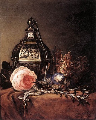 Still Life with Symbols of the Virgin Mary, by Dirck De Bray, 1672. At the upper left is a thurible.